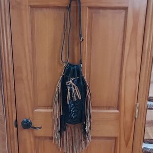 Fringe Leather Bucket Bag - Black and Tan